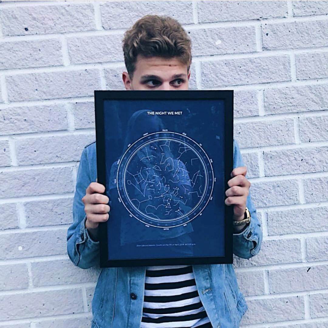 Boy holding a star map while covering his face with it
