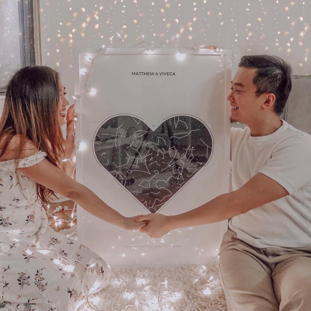 Couple Holding a Star Map in the Middle while they hold hands