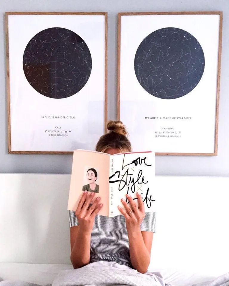 Two Star Map Hung on the Wall behind a Women Reading her novel